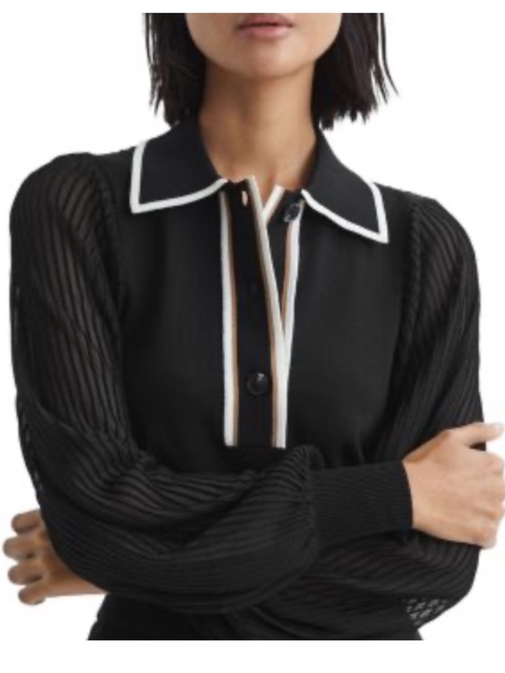 NEW Reiss Fran Black Button-Down Shirt with White Trim